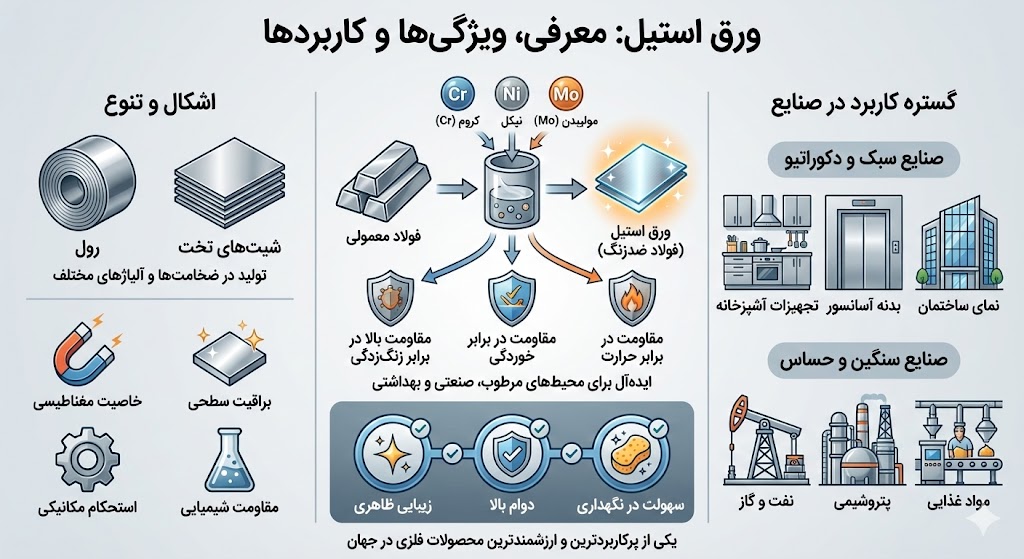 راهنمای جامع خرید ورق استیل در سال ۱۴۰۴؛ بررسی انواع، تفاوت استیل 304 و 316 و عوامل موثر بر قیمت ورق استیل
