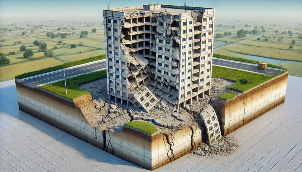 رندر 3D از ساختمان با نشست غیر یکنواخت، یکی از طرف‌ها سریع‌تر فرو می‌رود