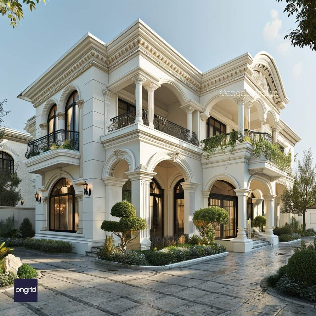 نمای بیرونی دوبلکس کلاسیک با حیاط و گیاهان زینتی
